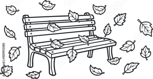 Outline vector illustration of a park bench surrounded by falling leaves, ideal for autumn-themed designs and nature projects