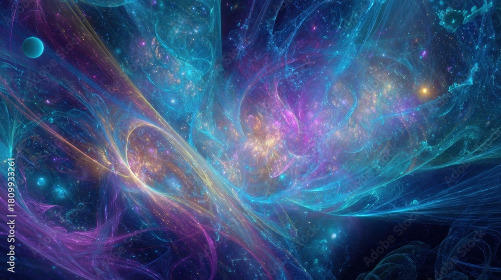 Fototapeta premium A colorful space scene with a blue and purple background and a yellow and orange swirl. The image is abstract and has a dreamy, otherworldly feel to it