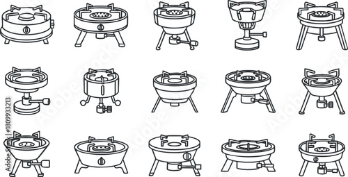 Set of outline vector illustrations featuring various outdoor cooking stoves and grills for camping and barbecue use