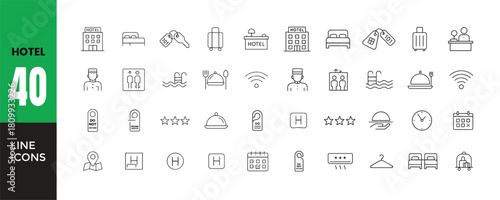 Hotel, Travel, and Booking Line Icons Set. Collection of 40 Thin Outline Vector Symbols. Accommodation, Room Service, Reception, Bed, Key, Luggage, Wi-Fi, Calendar, Pool, and Hospitality Graphics.