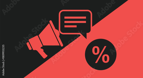 Megaphone and percentage sign on a split background