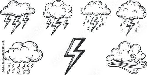 Hand-drawn vector illustration set of weather elements featuring clouds, lightning bolts, and rain for design projects