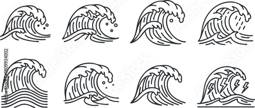 Set of minimalist line art vector illustrations depicting various wave designs for branding and creative projects