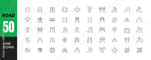 Road, Map, and Traffic Line Icons Set. Collection of 50 Thin Outline Vector Symbols: Navigation, Directions, Highway, Junction, Bridge, Tunnel, Path, Transportation, and Route Planning Graphics.