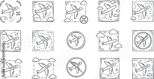 Outline vector icon set featuring airplanes, flight symbols, and no-fly icons for travel and aviation design projects