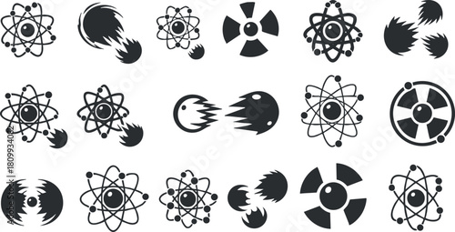 Set of modern black and white vector icons featuring atomic and explosive symbols for science and technology design projects