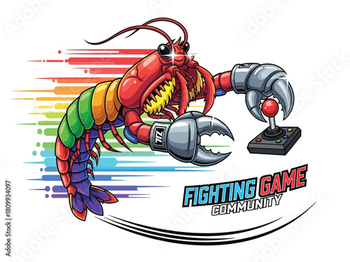 A vibrant rainbow lobster mascot with robotic claws holds an arcade joystick, symbolizing the fighting game community.