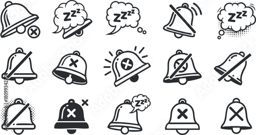 Collection of minimalist vector icons featuring various bell designs for notifications, alerts, and sound effects