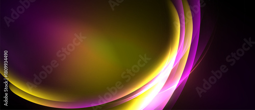 Abstract design features flowing curves, vibrant purple, gold hues. Smooth gradients create dynamic visual impact. Minimalist composition.