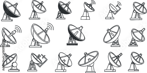 Collection of minimalist vector icons featuring various satellite dishes and antennas for communication technology design projects