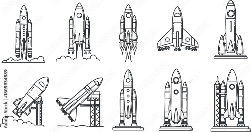 Fototapeta premium Outline vector illustration set of rockets in various designs and launch positions for technology and space exploration themes