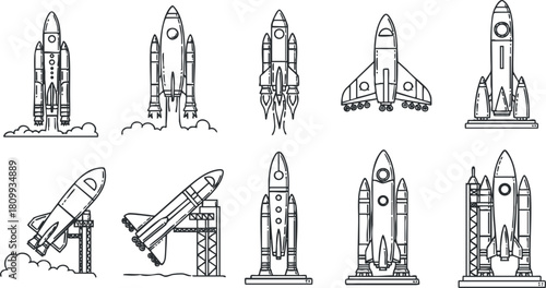 Outline vector illustration set of rockets in various designs and launch positions for technology and space exploration themes