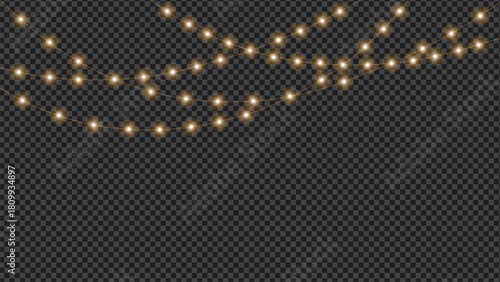 Golden string lights glowing on a transparent background for celebrations Vector