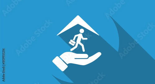 Hand holding a person with a briefcase under a roof on blue background