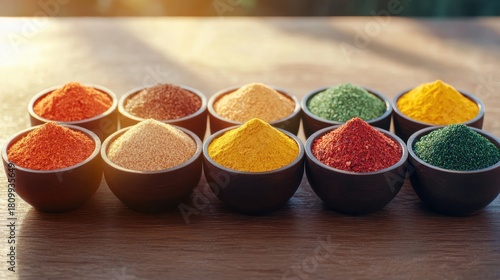 Fototapeta Naklejka Na Ścianę i Meble -  Colorful spice arrangement on rustic wooden table natural lighting vibrant hues textured wood warm and inviting