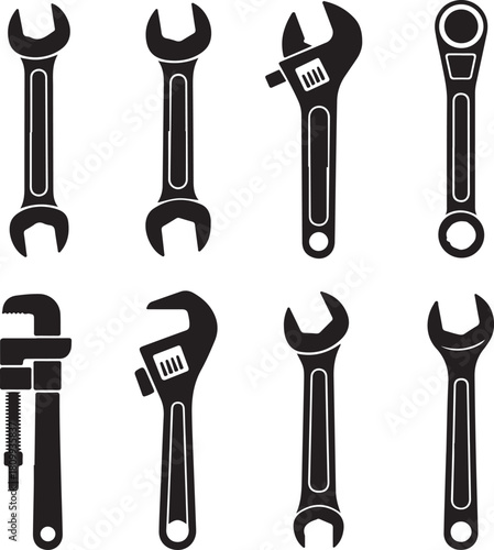 Black and White Silhouette Illustration of Wrench Types Open-End Adjustable Combination Socket Torque Pipe Ratcheting Allen Spanner