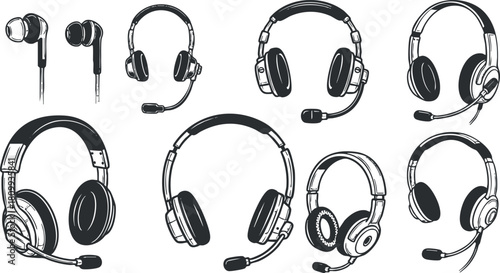Collection of vector illustrations featuring various styles of headphones and headsets for music and communication