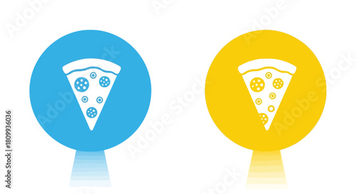 Two pizza slice icons, one blue and one yellow
