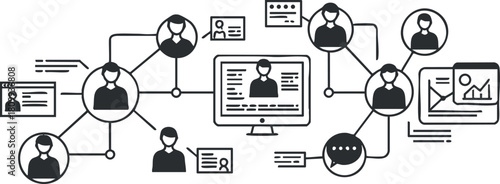 Modern flat vector illustration of a network of people connected through technology, ideal for digital communication and teamwork concepts