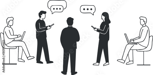 Minimalist black and white vector illustration of a business meeting with participants engaged in conversation and digital interaction.