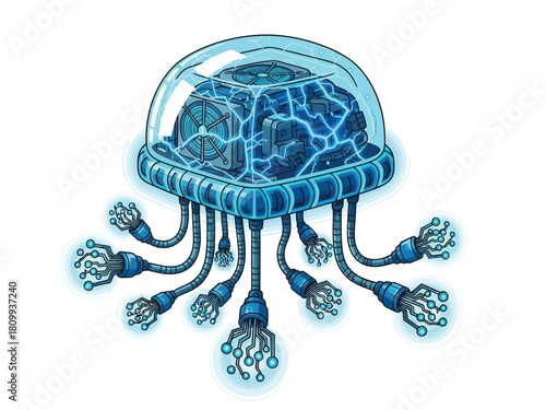 Futuristic robotic jellyfish with a transparent head revealing a glowing mechanical brain and circuit tentacles.