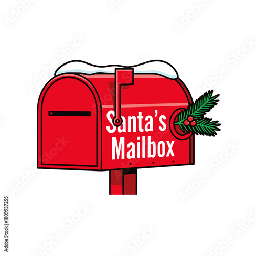 The traditional American Santa's mailbox icon is red with a pole. The mailbox is decorated with a layer of snow on top, evergreen branches, and red holly berries.