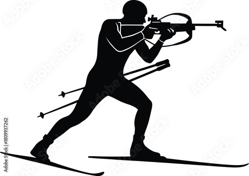 Biathlon Silhouette Winter Sport Activity Cross-Country Skiing Rifle Shooting Target Aiming Athlete Competition Speed Sporty Icon Illustration Vector