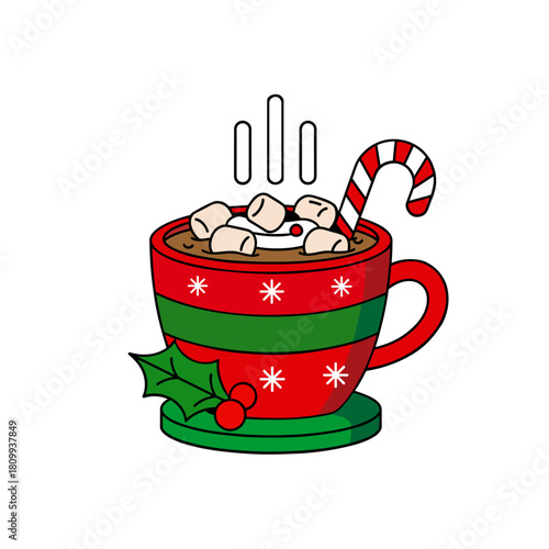 A hot chocolate drink icon in a red and green cup, decorated with snowflakes and holly leaves. The drink is topped with whipped cream, marshmallows, and a red and white striped candy cane.