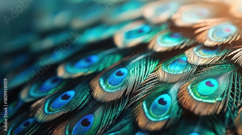 Closeup of vibrant peacock feathers nature macro photography soft background emphasizing natural beauty and texture