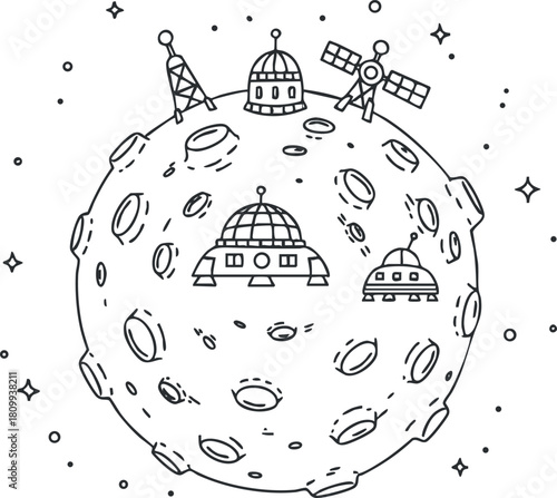 Geometric black and white vector illustration of a moon with space stations and satellites for space exploration themes