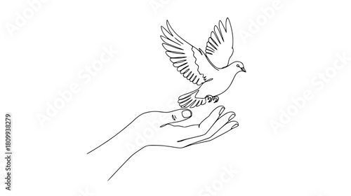 Elegant line art depicting freedom and hope, a dove taking flight from an open hand, symbolizing peace and new beginnings