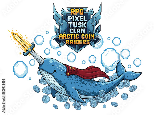 A heroic narwhal with a glowing sword for a tusk swims in a sea of silver coins.