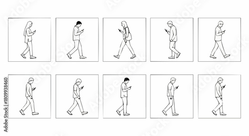 People walking while looking at their phones in a sequence.