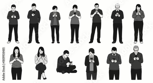 Diverse group of people engrossed in their smartphones, showcasing modern digital engagement.