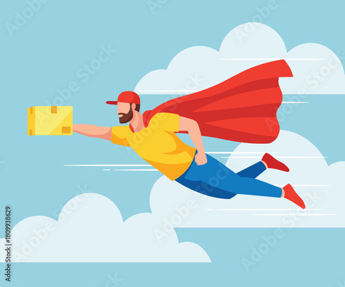 Superhero delivery man flying through the sky with a package, on, symbolizing fast and efficient service
