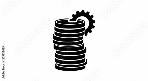 Stack of coins with gear symbol representing financial industry.