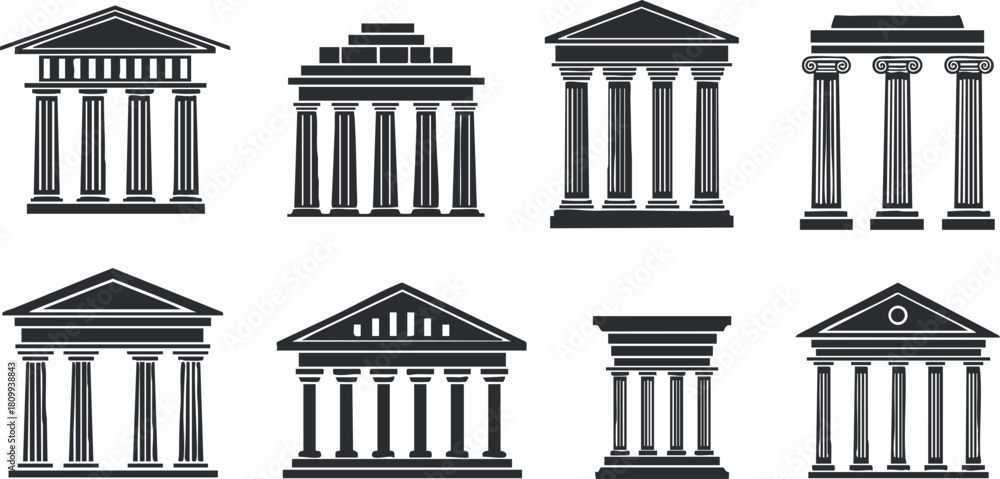 Naklejka premium Elegant collection of black and white vector illustrations of classical architectural columns for design and educational projects