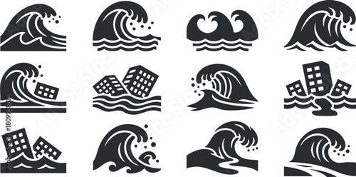 Stylish vector icon set depicting various wave designs, showcasing ocean dynamics and disaster concepts for environmental themes.