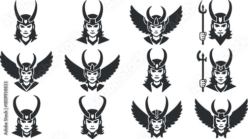 Stylized black and white vector illustration set of mythical warrior characters featuring helmets, wings, and various poses for branding and design projects