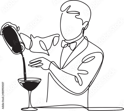 Continuous line art illustration with expressive sketch contour, single continuous line forming bartender pouring cocktail into glass, authentic fluid motion..ai