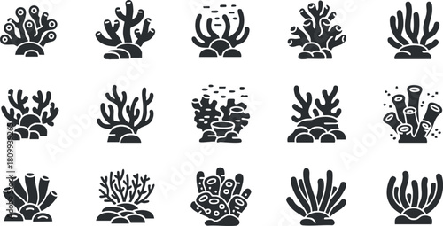 Stylized vector illustration set of various coral designs for aquatic and marine-themed projects