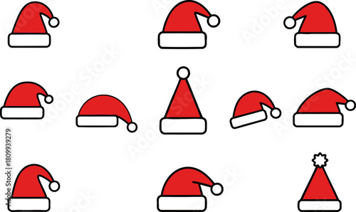 Santa hat collection vector set, red Christmas caps in different styles and shapes isolated on white background