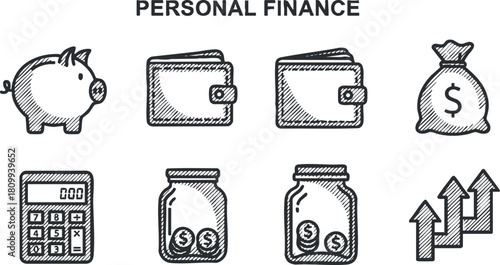 Hand-drawn vector illustration depicting personal finance concepts with icons of a piggy bank, wallets, calculator, cash, and growth charts for financial planning.