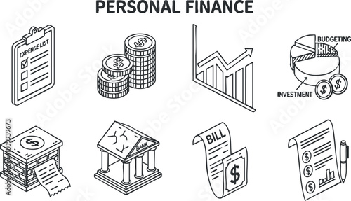 Outline vector illustration of personal finance concepts including budgeting, investment, and expense tracking for financial planning.