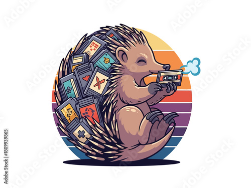 A cute cartoon hedgehog with video game cartridges for quills blows on a retro cassette tape.