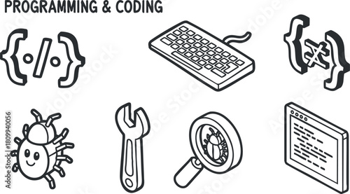 Minimalist outline vector illustration of programming and coding elements including a keyboard, bug, wrench, and code symbols for tech projects