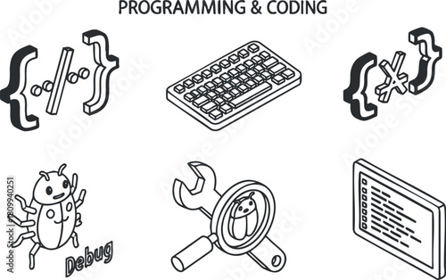 Outline vector illustration of programming and coding elements including keyboard, debug icon, and magnifying glass for tech projects