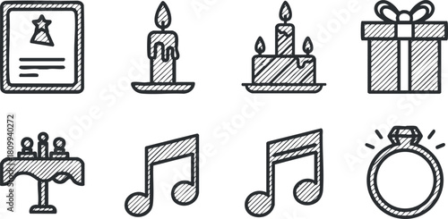 Hand-drawn vector illustration collection featuring celebration icons like candles, gifts, music notes, and a wedding ring for event design