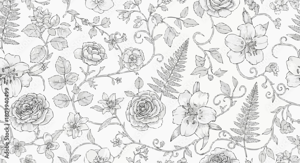 Fototapeta premium Elegant Floral Sketch - Roses and Ferns in Delicate Detail.