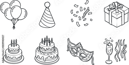 Outline vector illustration set of festive party elements including balloons, birthday cakes, masks, and gifts for celebration design
